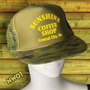 NWOT Sunshine Coffee Shop Central PA Camouflage Trucker Cap Green Yellow